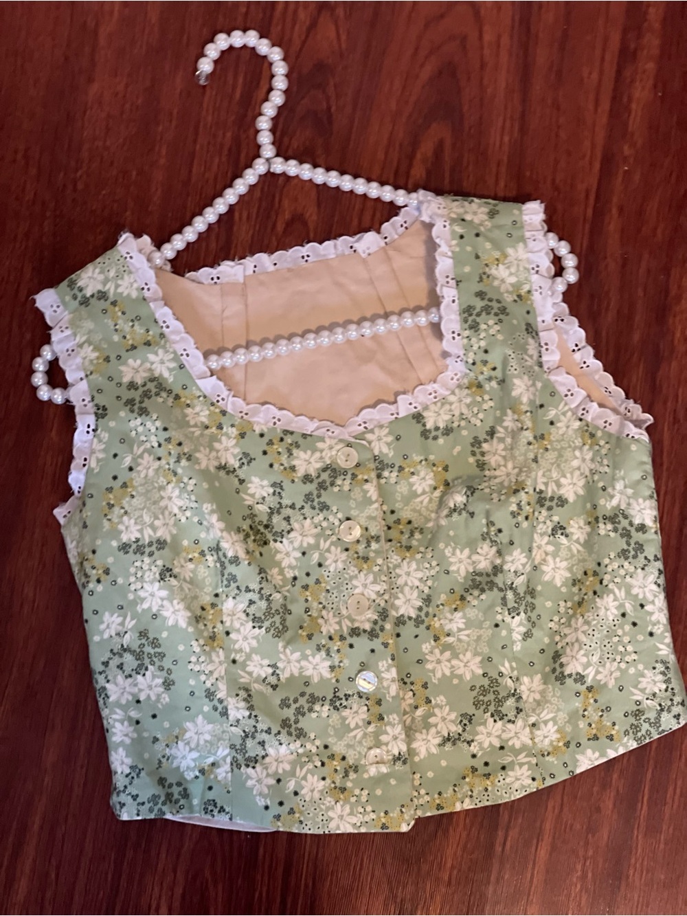 Floral Lace-Trim Sleeveless Crop Top - Green handmade size M